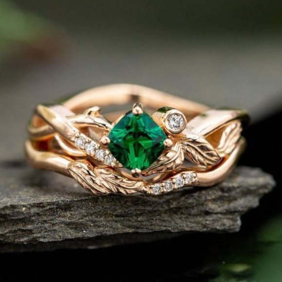 💞Emerald Green Stone Ring Rose Gold Plated Anelli Ring, GPMB1499 - Picture 2 of 6